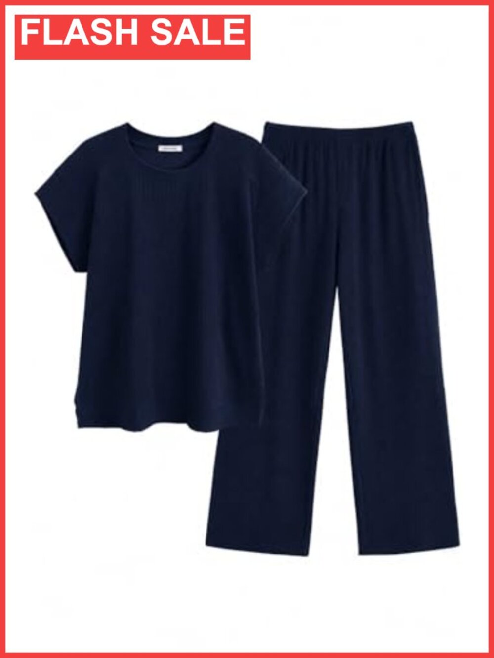 Ribbed Knit Two Piece Set Short Sleeve Top Wide Leg Pants
